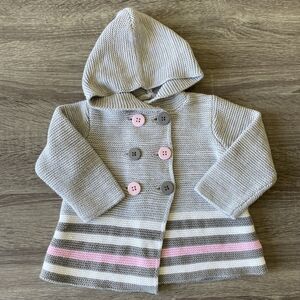 First Impressions Girls Toddler Sweater Hooded Striped Grey Pink Knitted 18 Mo